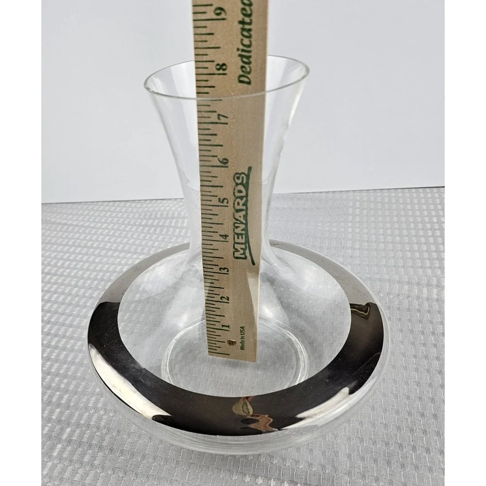 Modern Glass Wine Decanter with Silver‎ Band Accent Clear Flared Carafe 8.5in